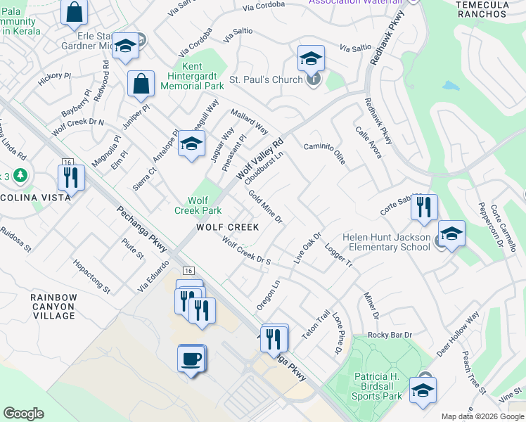 map of restaurants, bars, coffee shops, grocery stores, and more near 45917 Gold Mine Drive in Temecula