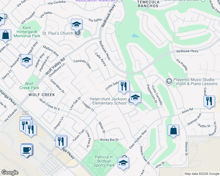 map of restaurants, bars, coffee shops, grocery stores, and more near 32169 Corte Sabrinas in Temecula