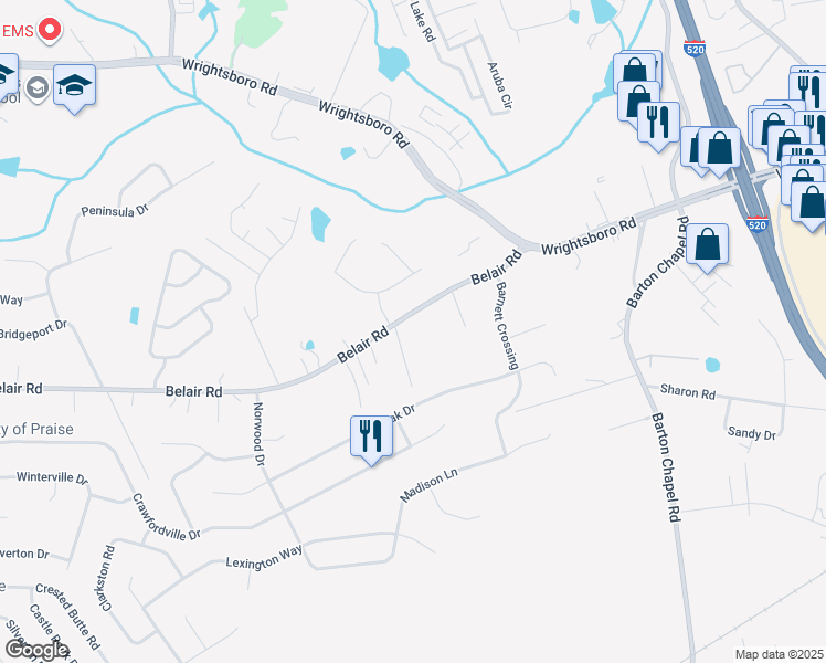 map of restaurants, bars, coffee shops, grocery stores, and more near 3642 Belair Rd in Augusta