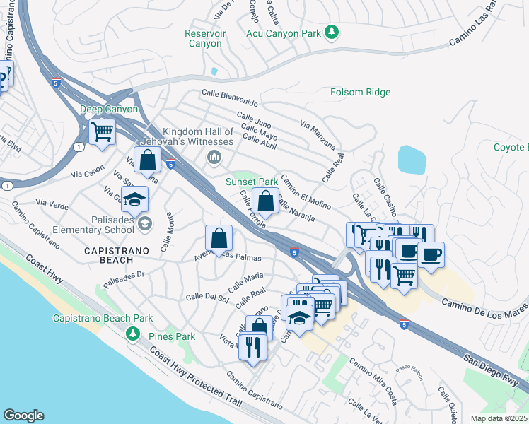 map of restaurants, bars, coffee shops, grocery stores, and more near 34471 Calle Carmelita in Dana Point