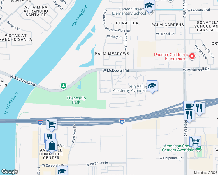 map of restaurants, bars, coffee shops, grocery stores, and more near 12175 West McDowell Road in Avondale