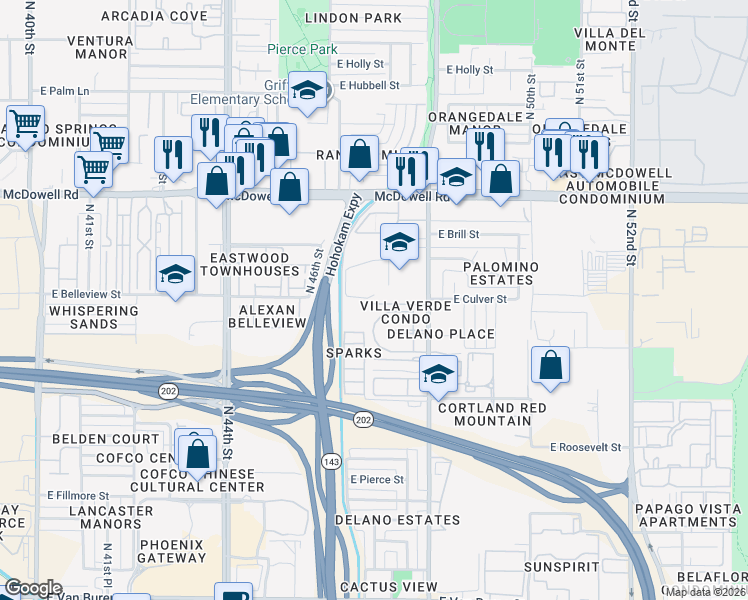 map of restaurants, bars, coffee shops, grocery stores, and more near 4604 East Culver Street in Phoenix