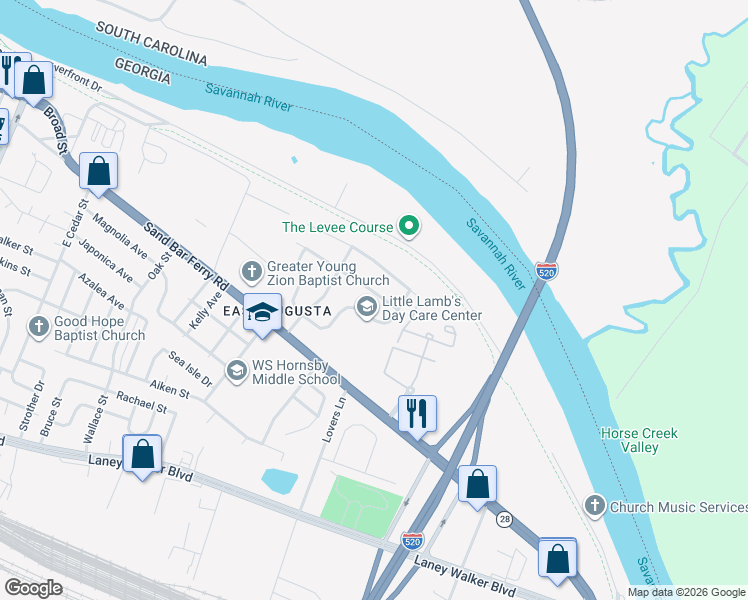 map of restaurants, bars, coffee shops, grocery stores, and more near 516 Dupont Street in Augusta