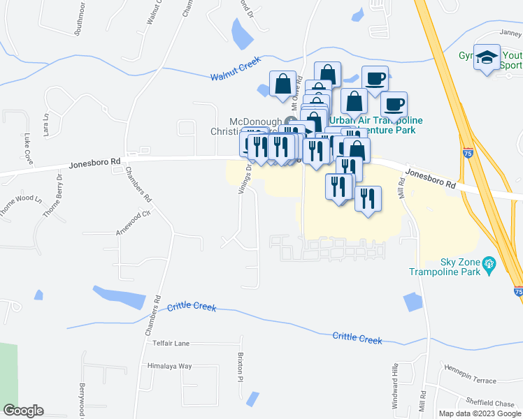 map of restaurants, bars, coffee shops, grocery stores, and more near 229 Grover Turner Way in McDonough