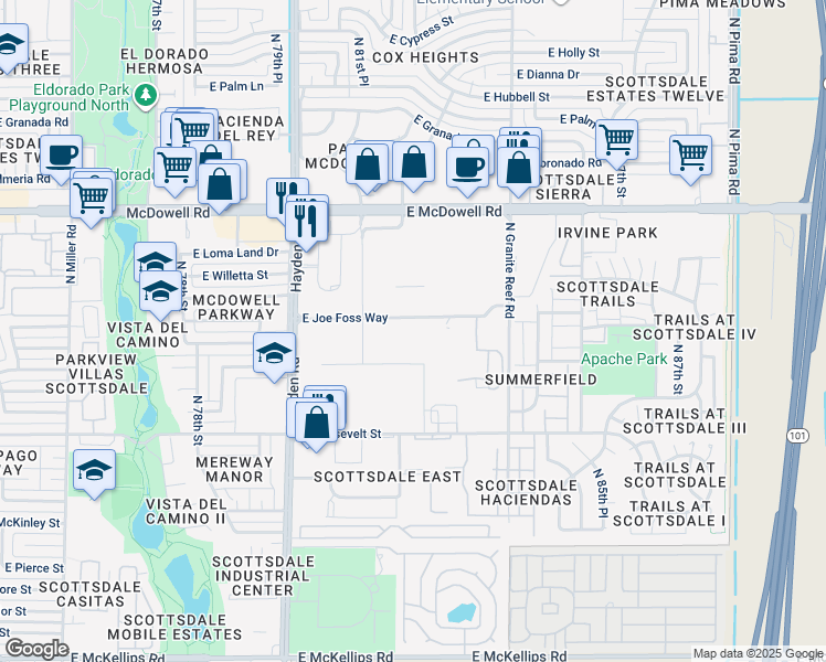 map of restaurants, bars, coffee shops, grocery stores, and more near 8201 East McDowell Road in Scottsdale
