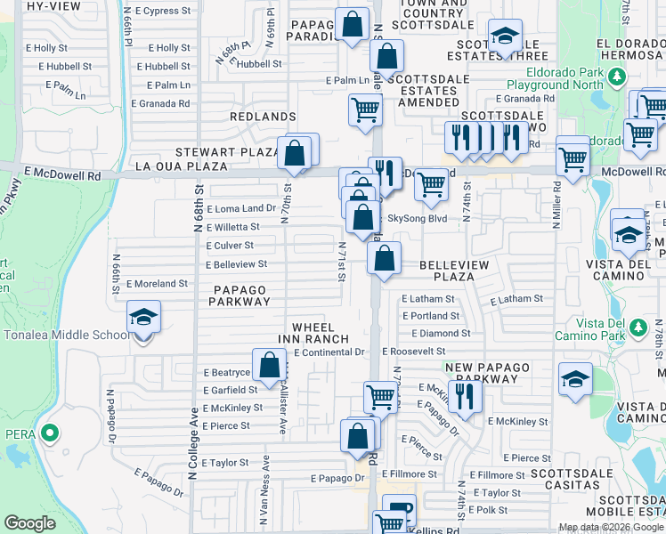 map of restaurants, bars, coffee shops, grocery stores, and more near 7049 East Belleview Street in Scottsdale