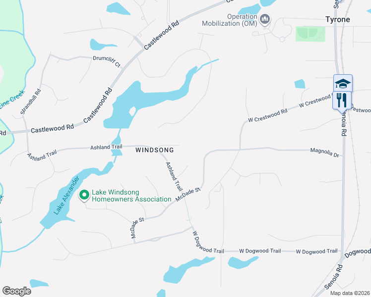 map of restaurants, bars, coffee shops, grocery stores, and more near 135 Crimson Ridge in Tyrone