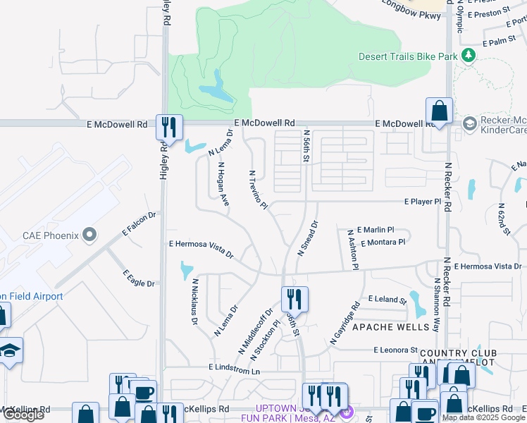 map of restaurants, bars, coffee shops, grocery stores, and more near 2542 North Trevino Place in Mesa