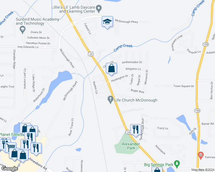 map of restaurants, bars, coffee shops, grocery stores, and more near 428 Rankin Circle in McDonough