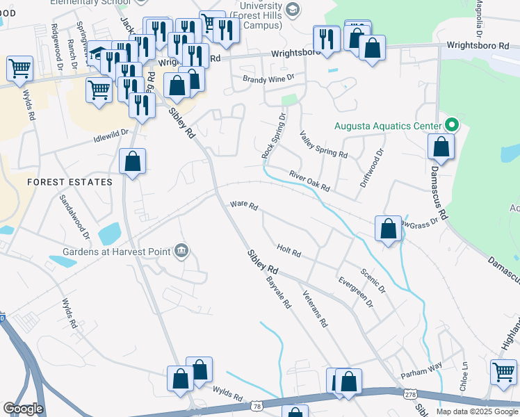map of restaurants, bars, coffee shops, grocery stores, and more near 231 Ware Road in Augusta