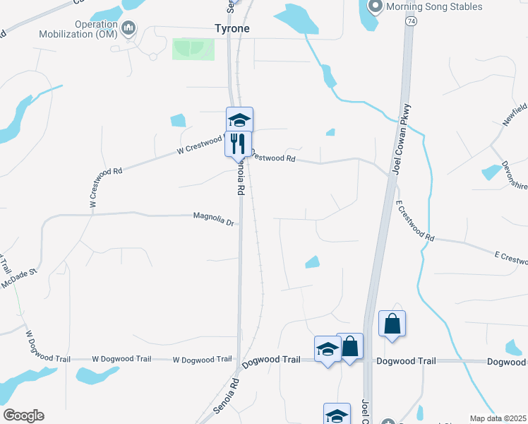 map of restaurants, bars, coffee shops, grocery stores, and more near 215 Brooks Drive in Tyrone