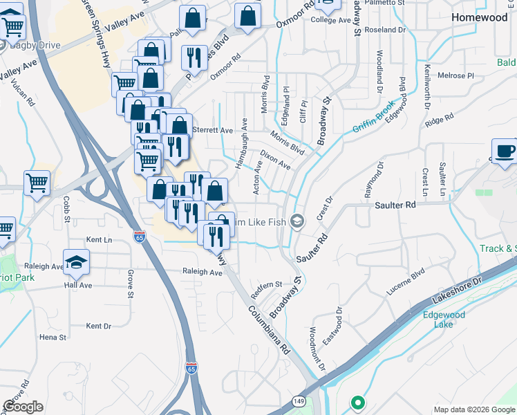 map of restaurants, bars, coffee shops, grocery stores, and more near 803 Acton Avenue in Birmingham