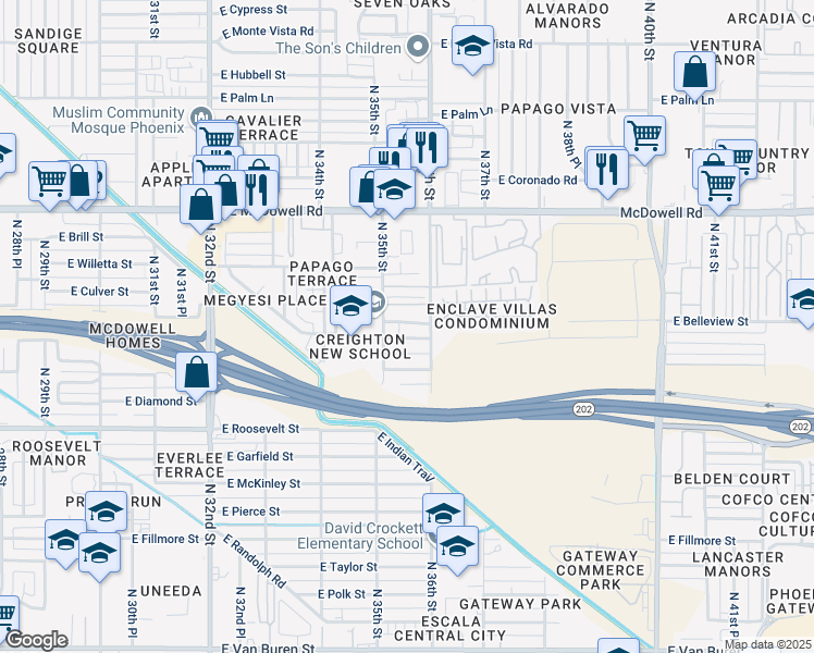 map of restaurants, bars, coffee shops, grocery stores, and more near 3521 East Belleview Street in Phoenix