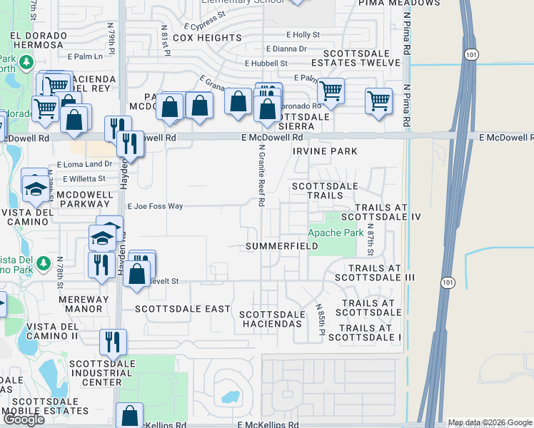 map of restaurants, bars, coffee shops, grocery stores, and more near 1257 North Granite Reef Road in Scottsdale