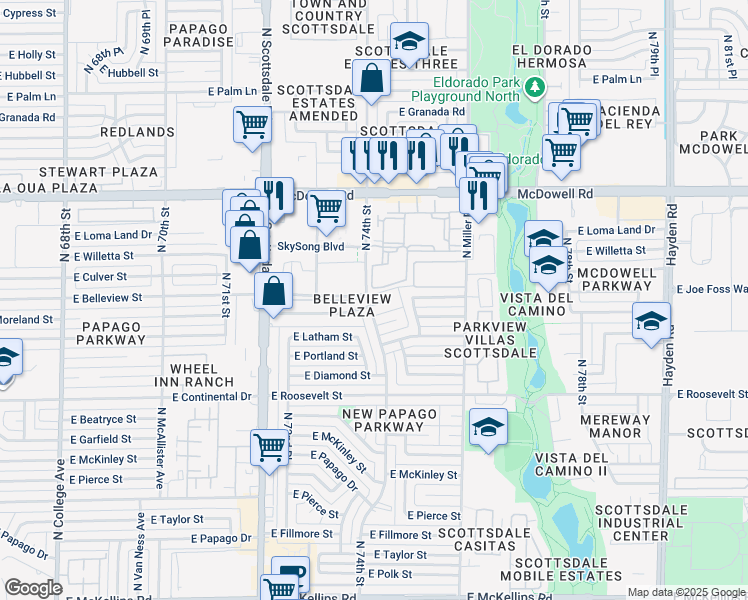 map of restaurants, bars, coffee shops, grocery stores, and more near 7420 East Belleview Street in Scottsdale