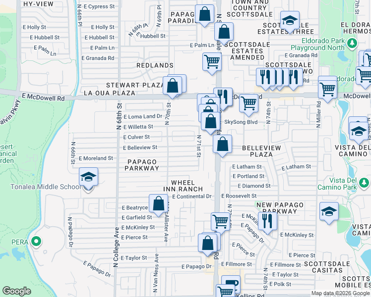 map of restaurants, bars, coffee shops, grocery stores, and more near 7049 East Belleview Street in Scottsdale