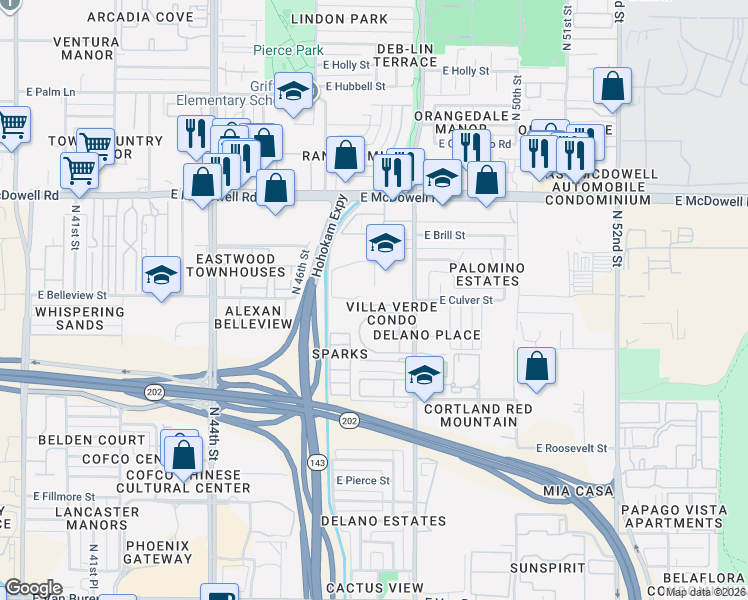 map of restaurants, bars, coffee shops, grocery stores, and more near 4718 East Culver Street in Phoenix