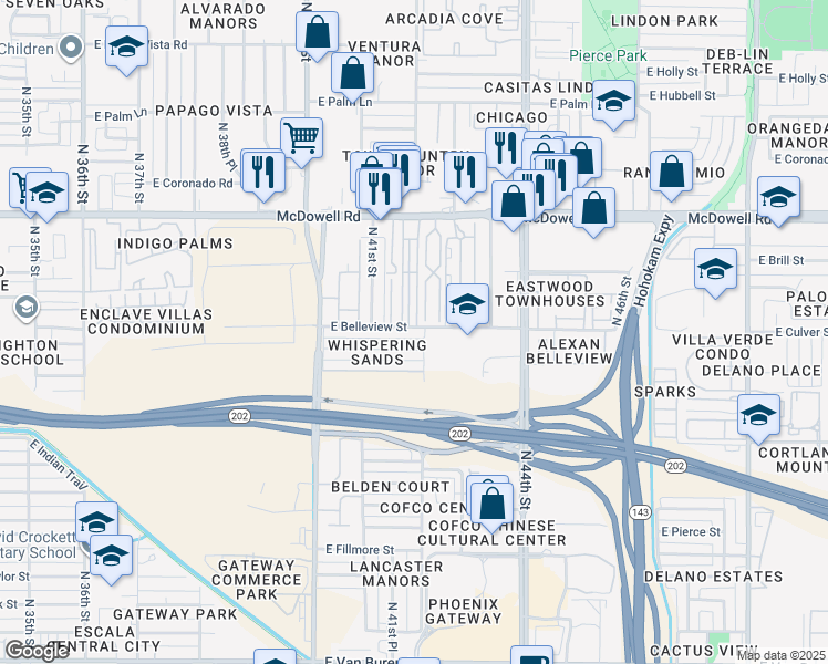 map of restaurants, bars, coffee shops, grocery stores, and more near 4133 East Belleview Street in Phoenix