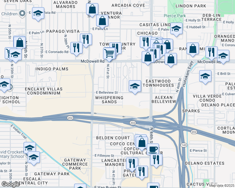 map of restaurants, bars, coffee shops, grocery stores, and more near 4133 East Belleview Street in Phoenix