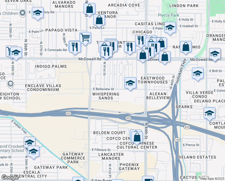 map of restaurants, bars, coffee shops, grocery stores, and more near 4133 East Belleview Street in Phoenix