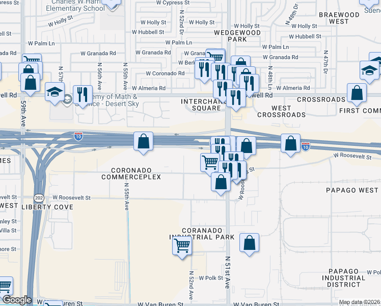 map of restaurants, bars, coffee shops, grocery stores, and more near 1242 North 53rd Avenue in Phoenix