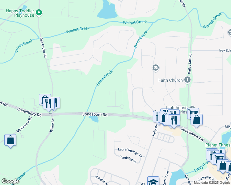 map of restaurants, bars, coffee shops, grocery stores, and more near Heavenly Hollow Place in Henry County