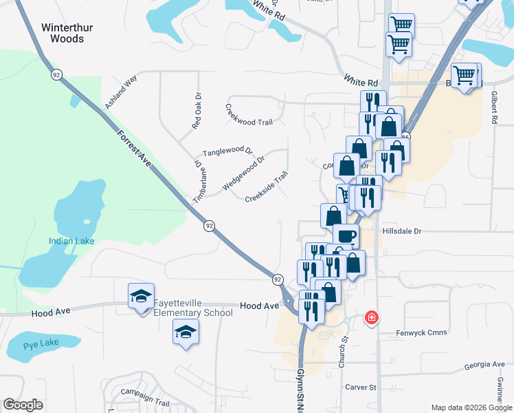 map of restaurants, bars, coffee shops, grocery stores, and more near 135 Creekside Trail in Fayetteville