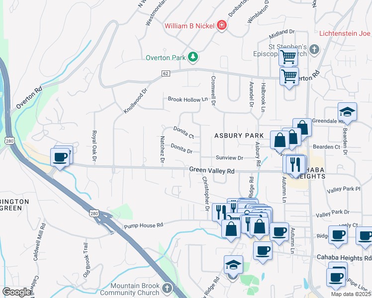 map of restaurants, bars, coffee shops, grocery stores, and more near 2968 Donita Drive in Vestavia Hills