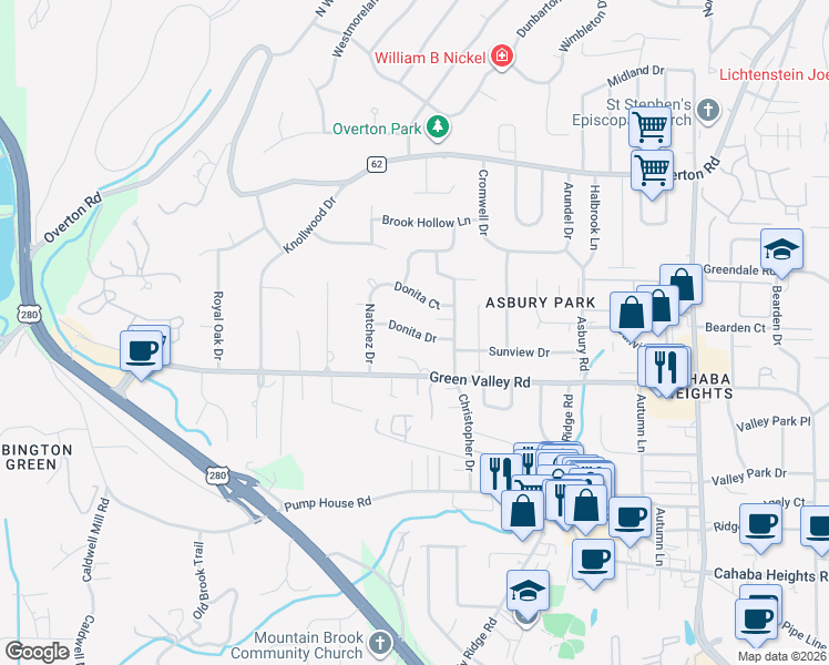 map of restaurants, bars, coffee shops, grocery stores, and more near 2968 Donita Drive in Vestavia Hills