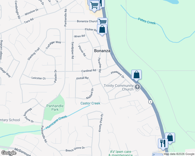 map of restaurants, bars, coffee shops, grocery stores, and more near 10747 Thrasher Road in Jonesboro