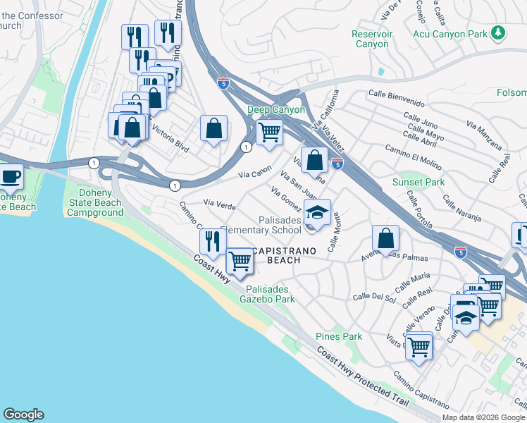 map of restaurants, bars, coffee shops, grocery stores, and more near 34465 Via Espinoza in Dana Point