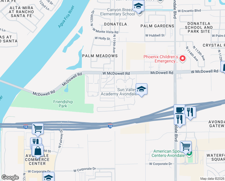 map of restaurants, bars, coffee shops, grocery stores, and more near 90 North Mobile Home Park in Avondale