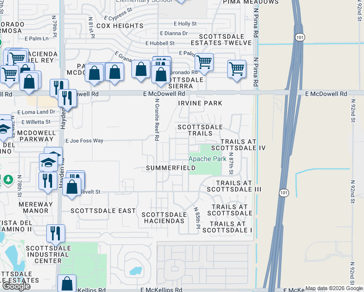 map of restaurants, bars, coffee shops, grocery stores, and more near 1272 North 85th Place in Scottsdale