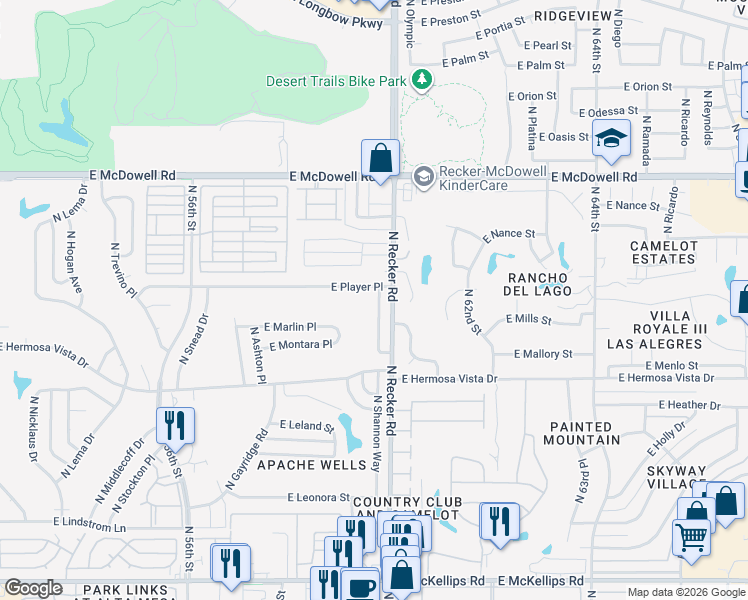 map of restaurants, bars, coffee shops, grocery stores, and more near 2536 North Barber Drive in Mesa