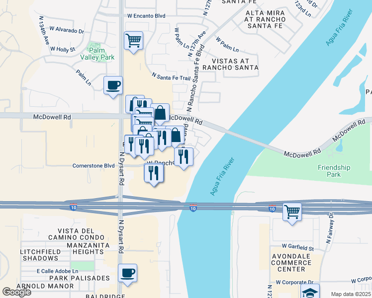 map of restaurants, bars, coffee shops, grocery stores, and more near 13051 West Rancho Santa Fe Boulevard in Avondale