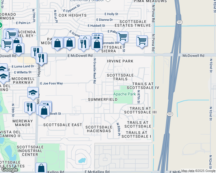 map of restaurants, bars, coffee shops, grocery stores, and more near 1272 North 85th Place in Scottsdale