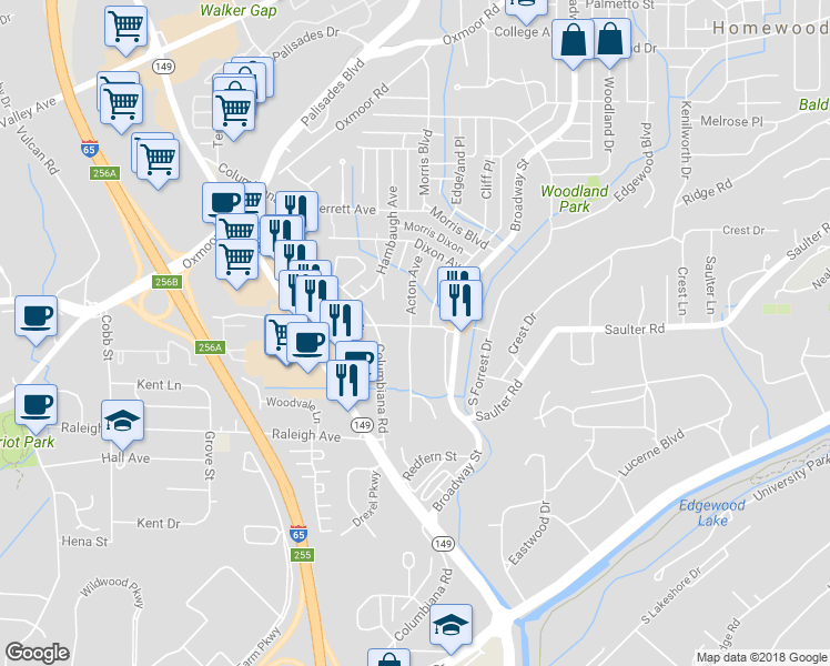 map of restaurants, bars, coffee shops, grocery stores, and more near 803 Acton Avenue in Birmingham