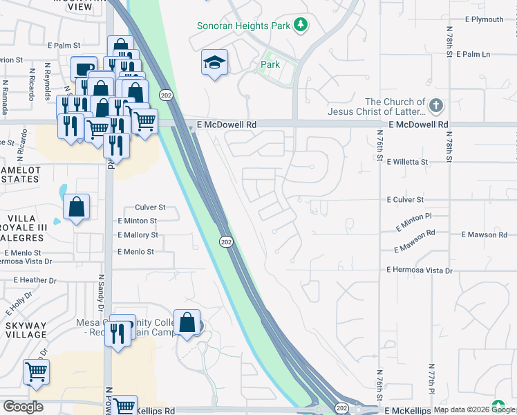 map of restaurants, bars, coffee shops, grocery stores, and more near 7209 East Manning Street in Mesa