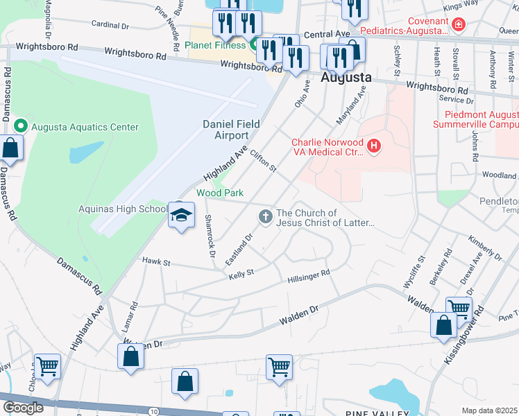 map of restaurants, bars, coffee shops, grocery stores, and more near 2602 Parkway Drive in Augusta