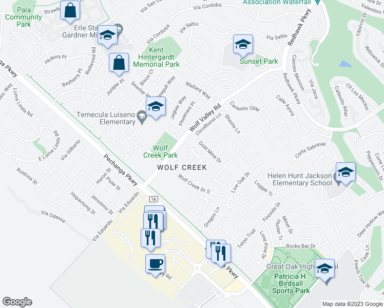map of restaurants, bars, coffee shops, grocery stores, and more near 45859 Daviana Way in Temecula