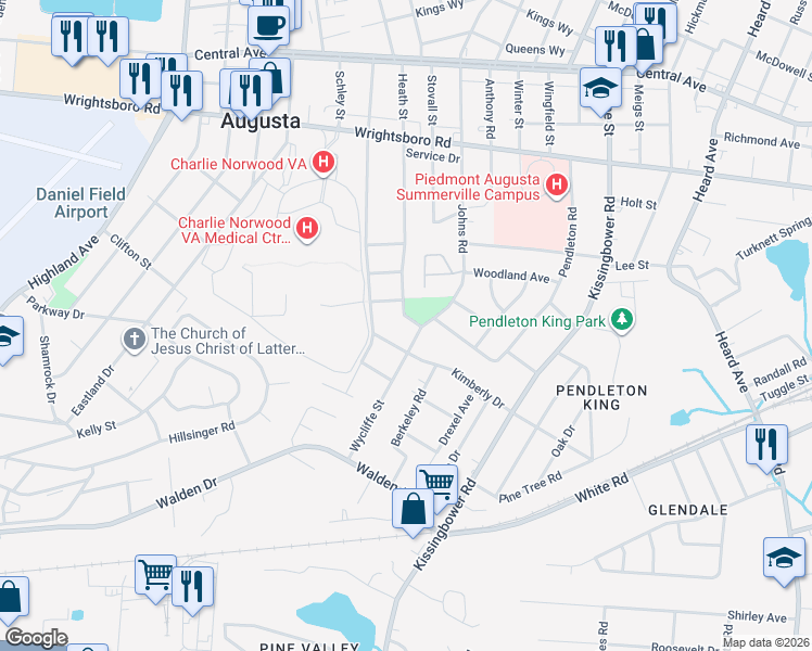 map of restaurants, bars, coffee shops, grocery stores, and more near 1799 Heath Street in Augusta