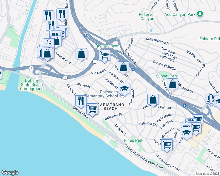map of restaurants, bars, coffee shops, grocery stores, and more near 34512 Via Espinoza in Dana Point