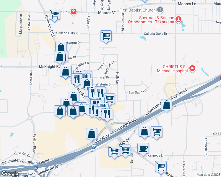 map of restaurants, bars, coffee shops, grocery stores, and more near 11 Juniper Drive in Texarkana