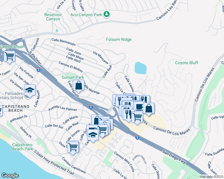 map of restaurants, bars, coffee shops, grocery stores, and more near 27196 Calle Alta Vista in Dana Point