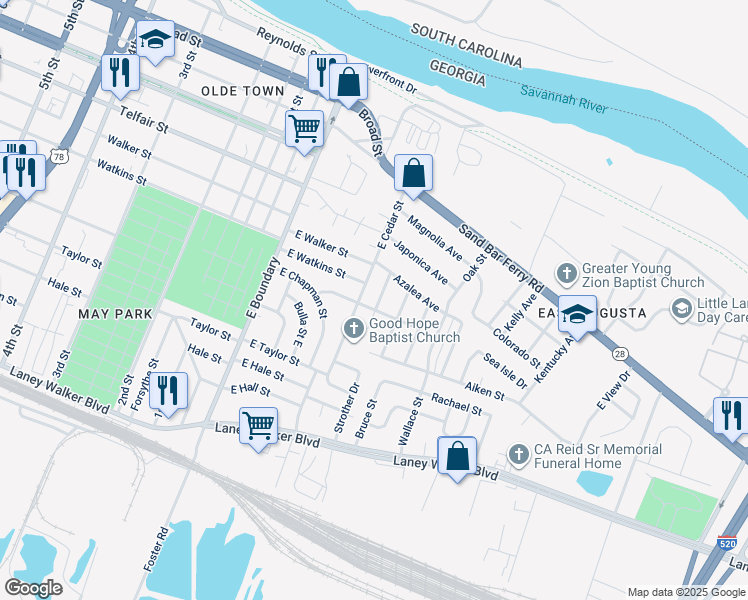 map of restaurants, bars, coffee shops, grocery stores, and more near 613 Macon Avenue in Augusta