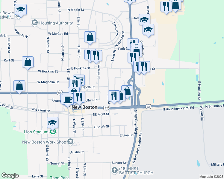 map of restaurants, bars, coffee shops, grocery stores, and more near 122 East Street in New Boston
