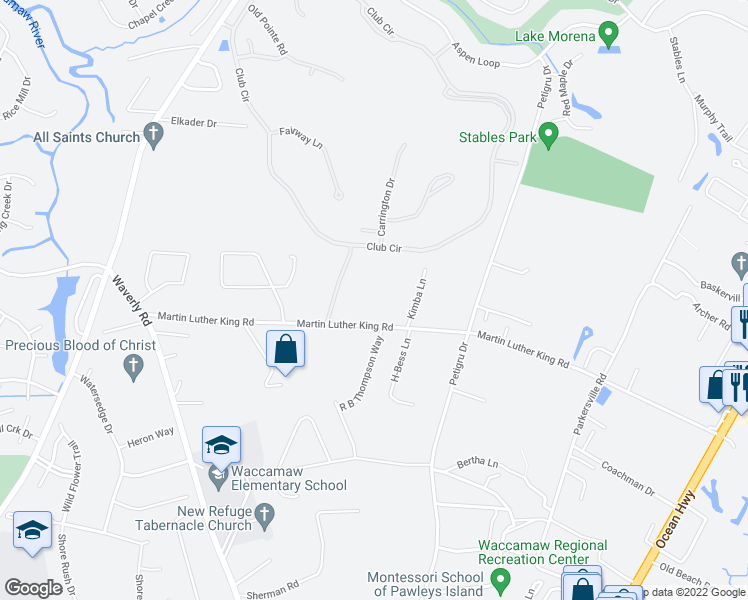 map of restaurants, bars, coffee shops, grocery stores, and more near 997 Martin Luther King Road in Pawleys Island