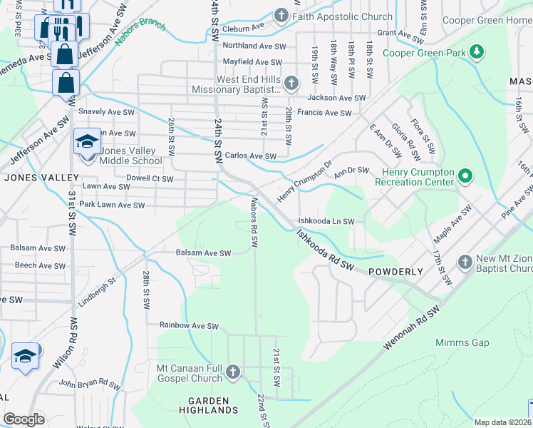 map of restaurants, bars, coffee shops, grocery stores, and more near 2237 Nabors Road Southwest in Birmingham
