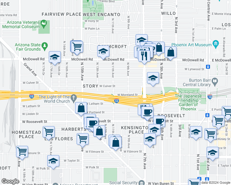 map of restaurants, bars, coffee shops, grocery stores, and more near 932 West Moreland Street in Phoenix