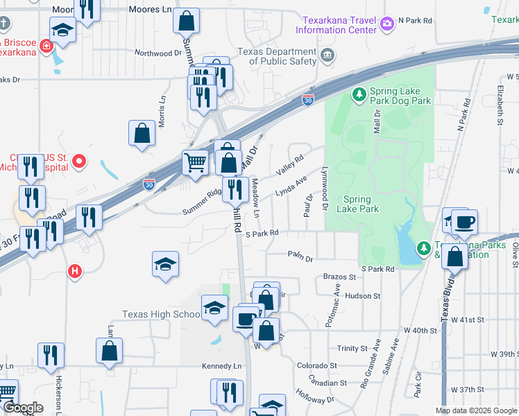 map of restaurants, bars, coffee shops, grocery stores, and more near 11 Meadow Lane in Texarkana